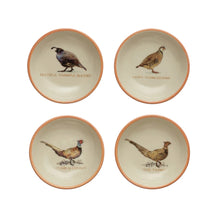 Load image into Gallery viewer, 3&quot; Round Stoneware Dish with Tan Color Rim and Game Birds, 4 Styles