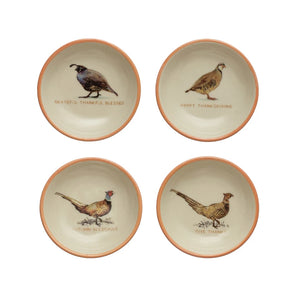 3" Round Stoneware Dish with Tan Color Rim and Game Birds, 4 Styles