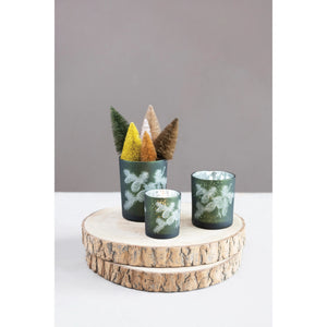 Green Mercury Glass Candle Holder with Laser Etched Pinecones