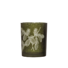 Load image into Gallery viewer, Green Mercury Glass Candle Holder with Laser Etched Pinecones