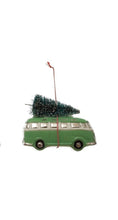 Load image into Gallery viewer, Hand-Painted Glass Van Ornament w/ Bottle Brush Tree