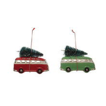 Load image into Gallery viewer, Hand-Painted Glass Van Ornament w/ Bottle Brush Tree