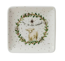 Load image into Gallery viewer, 3&quot; Square Stoneware Dish w/ Mary, Jesus, Lamb, Shepard, Saying &amp; Gold Electroplating