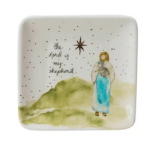 Load image into Gallery viewer, 3&quot; Square Stoneware Dish w/ Mary, Jesus, Lamb, Shepard, Saying &amp; Gold Electroplating