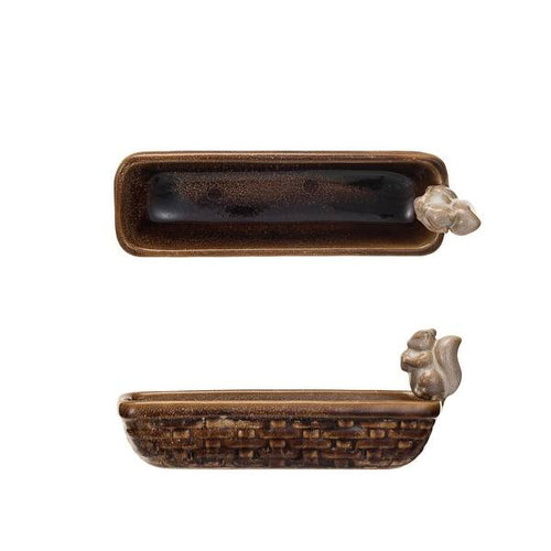 Stoneware Dish with Squirrel Holding Acorn