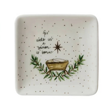 Load image into Gallery viewer, 3&quot; Square Stoneware Dish w/ Mary, Jesus, Lamb, Shepard, Saying &amp; Gold Electroplating