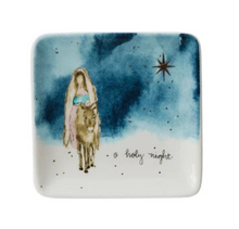 Load image into Gallery viewer, 3&quot; Square Stoneware Dish w/ Mary, Jesus, Lamb, Shepard, Saying &amp; Gold Electroplating