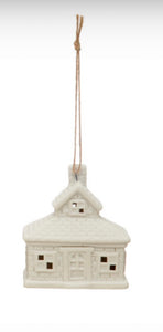 3"H Stoneware House Ornament w/ LED Light, White, 6 Styles