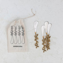 Load image into Gallery viewer, Stainless Steel &amp; Brass Canape Knives w/ Leaves Handles, Set of 4 in Drawstring Bag