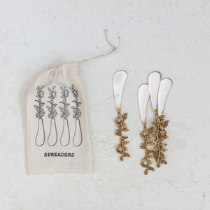 Stainless Steel & Brass Canape Knives w/ Leaves Handles, Set of 4 in Drawstring Bag