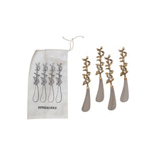 Load image into Gallery viewer, Stainless Steel &amp; Brass Canape Knives w/ Leaves Handles, Set of 4 in Drawstring Bag