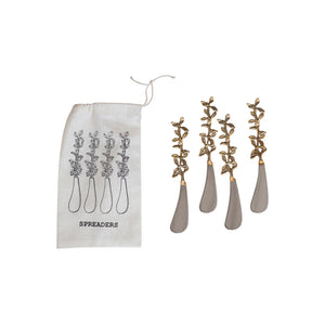Stainless Steel & Brass Canape Knives w/ Leaves Handles, Set of 4 in Drawstring Bag