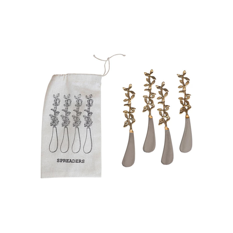 Stainless Steel & Brass Canape Knives w/ Leaves Handles, Set of 4 in Drawstring Bag