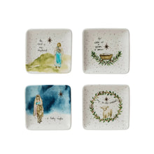 Load image into Gallery viewer, 3&quot; Square Stoneware Dish w/ Mary, Jesus, Lamb, Shepard, Saying &amp; Gold Electroplating