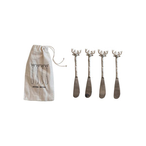 Stainless Steel & Brass Canape Knives w/ Reindeer Handles, Set of 4 in Bag