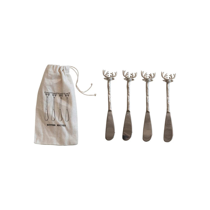 Stainless Steel & Brass Canape Knives w/ Reindeer Handles, Set of 4 in Bag