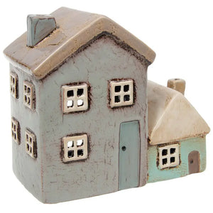 Village Pottery Grey/Aqua Two Houses Tealight