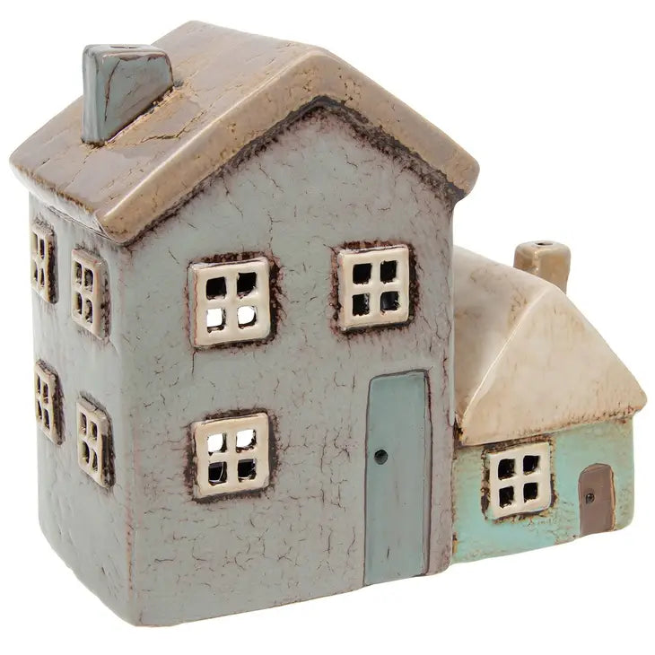 Village Pottery Grey/Aqua Two Houses Tealight