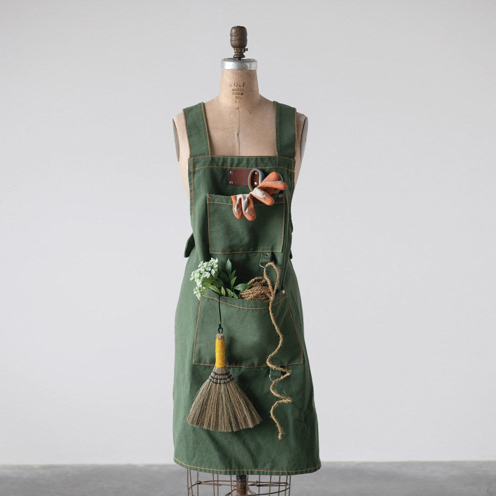 Cotton Canvas Cross Back Apron w/ Pockets & Rivets, Green