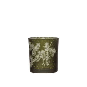 Green Mercury Glass Candle Holder with Laser Etched Pinecones