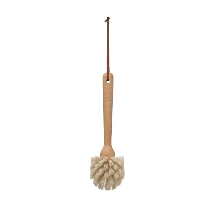 Beech Wood Dish Brush w/ Leather Strap, Natural